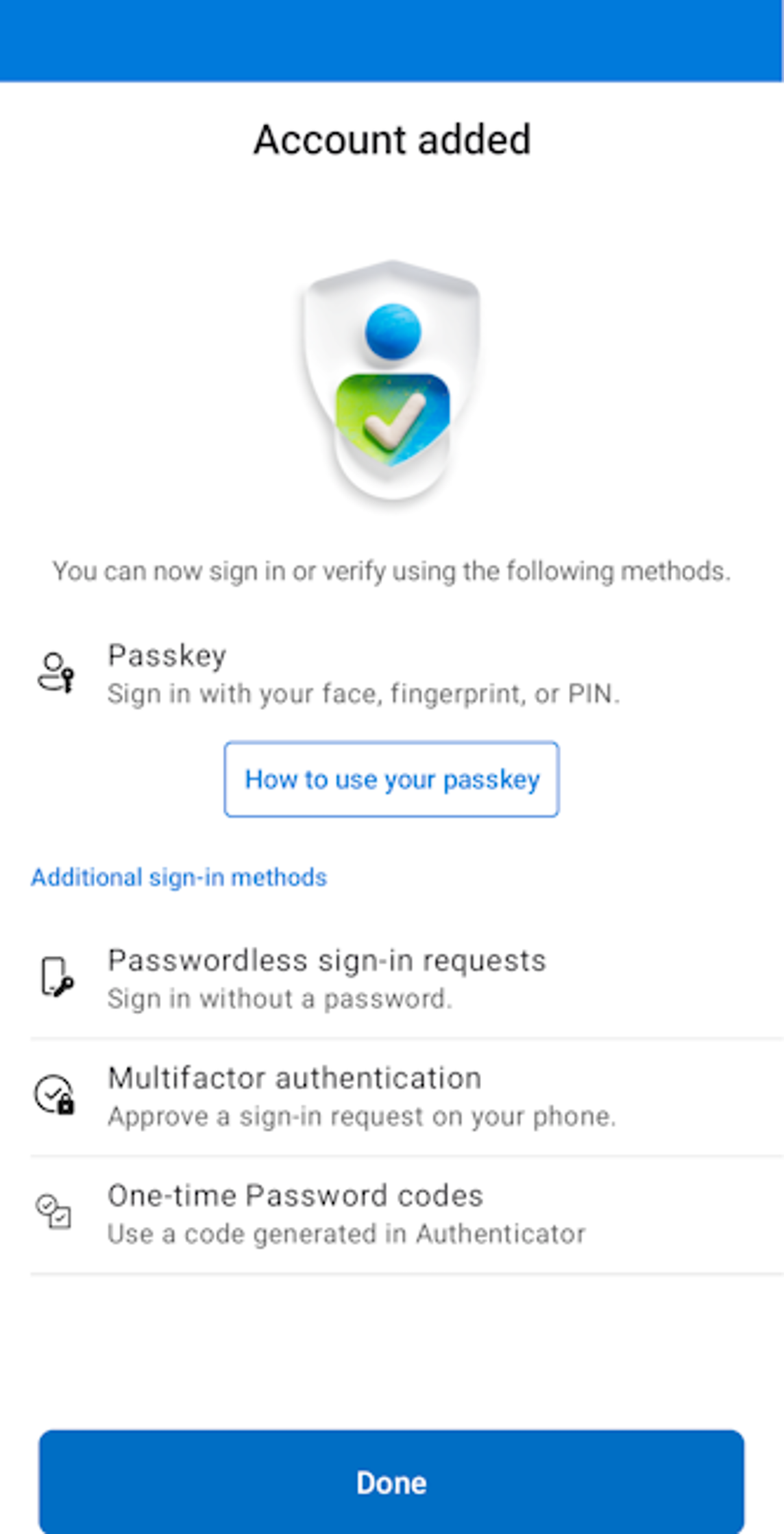Microsoft Authenticator showing the option to use passkeys for phishing-resistant MFA