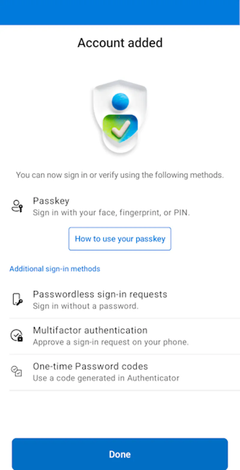 Microsoft Authenticator showing the option to use passkeys for phishing-resistant MFA