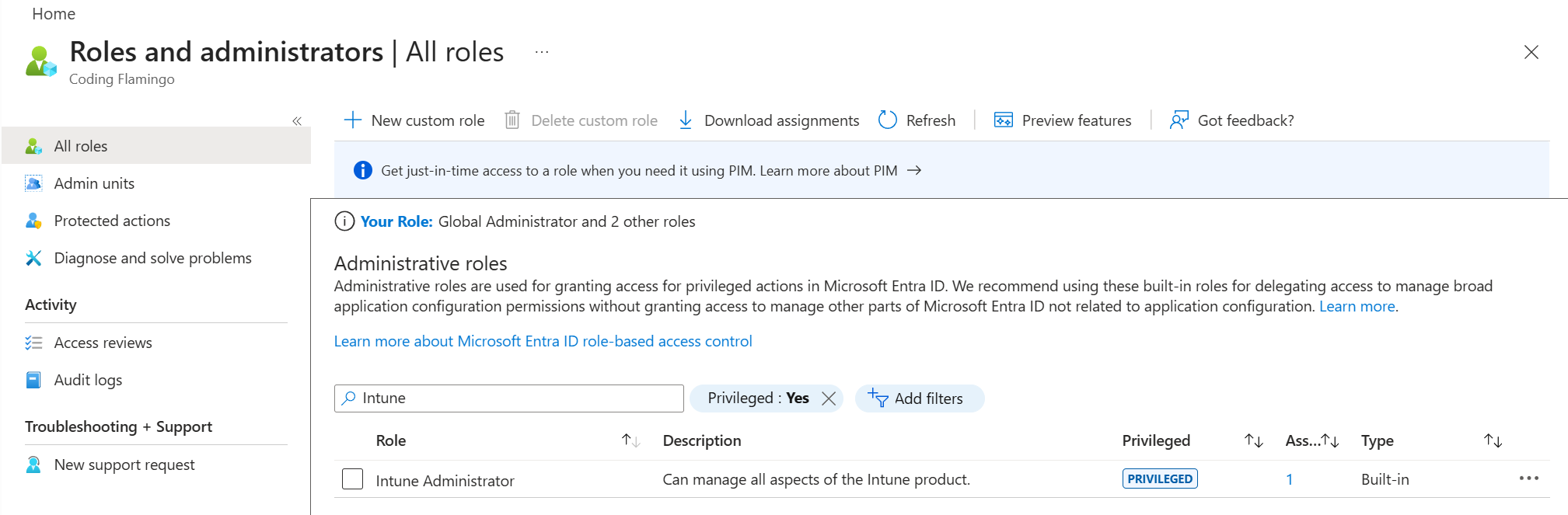 Entra Role Assignments showing the tedious process of checking which accounts are assigned to Entra roles with Intune access