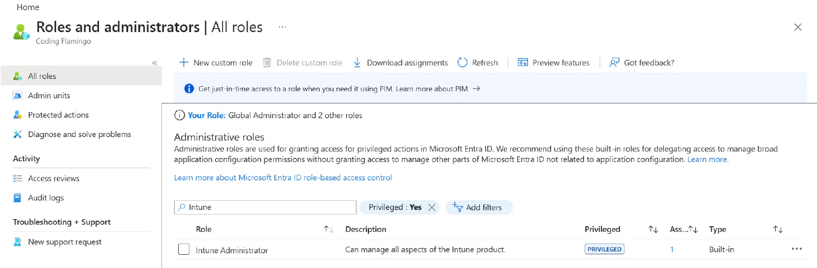 Entra Role Assignments showing the tedious process of checking which accounts are assigned to Entra roles with Intune access