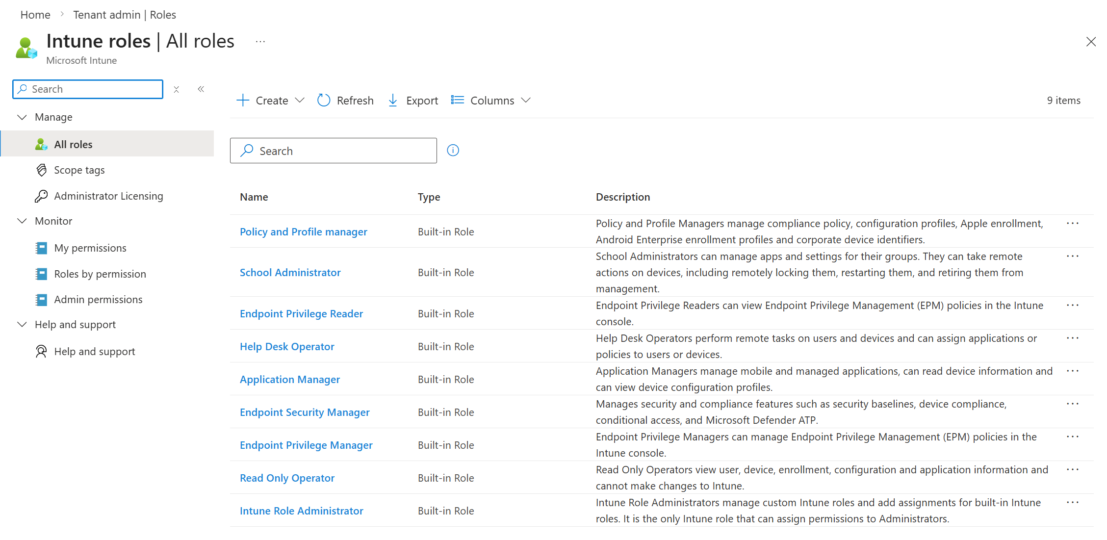 Intune Roles showing the different Intune-specific roles that can provide access to Intune