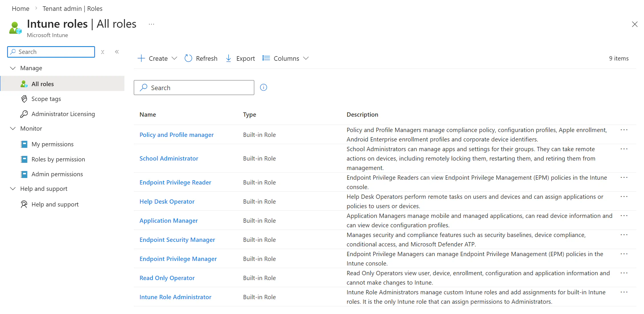 Intune Roles showing the different Intune-specific roles that can provide access to Intune