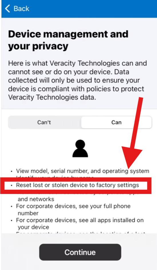 Intune Company Portal Permissions showing remote wipe permissions