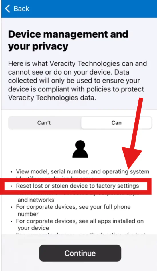 Intune Company Portal Permissions showing remote wipe permissions