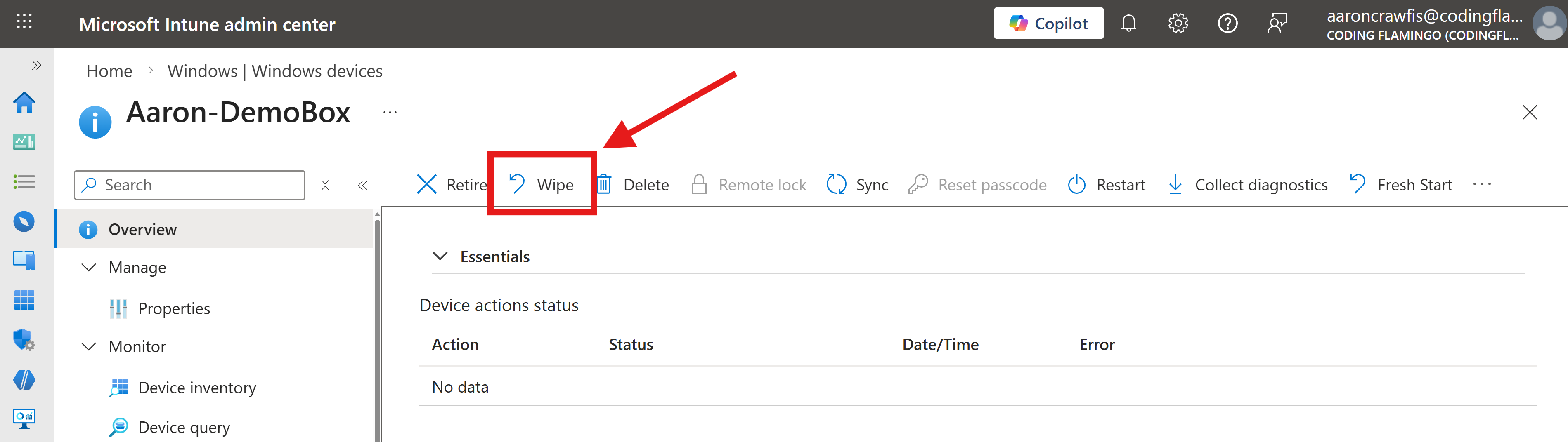 Intune Remote Wipe showing how Intune can remotely wipe a device