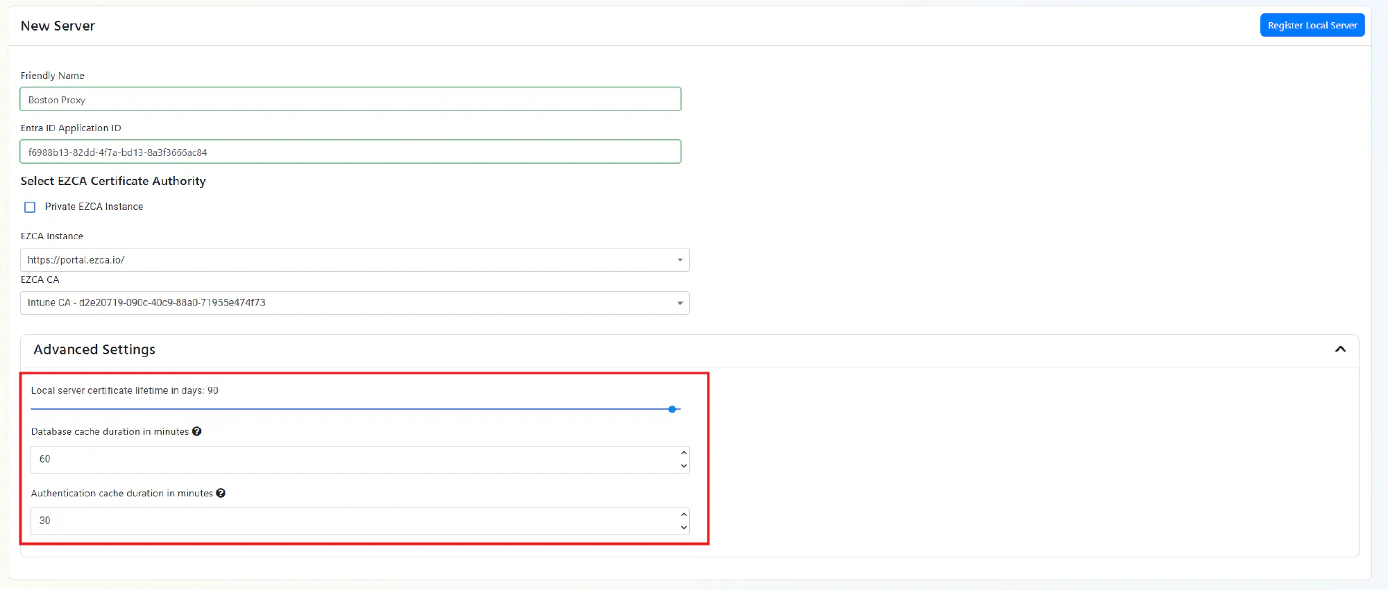 Advanced Settings when creating a Local RADIUS Proxy for Cloud RADIUS in EZRADIUS