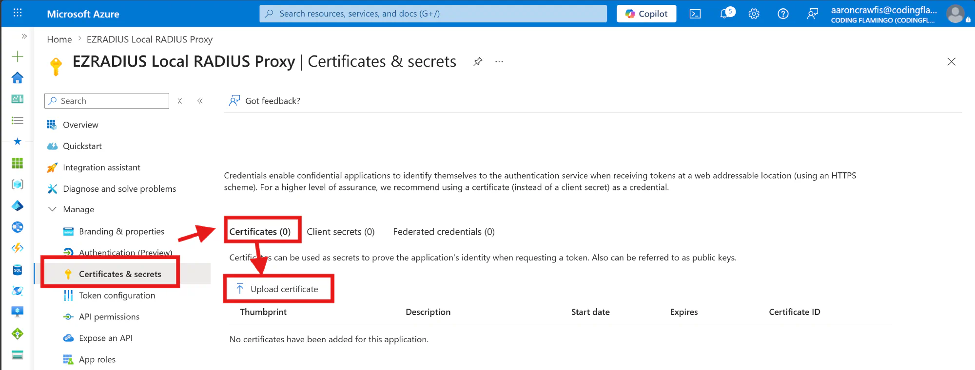 Certificates and Secrets for Entra ID Application