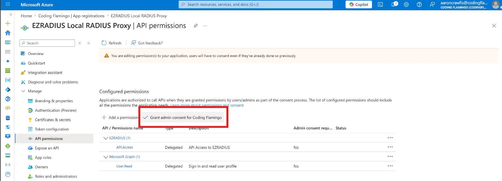 Grant admin consent for the Local RADIUS Proxy Application in Entra ID