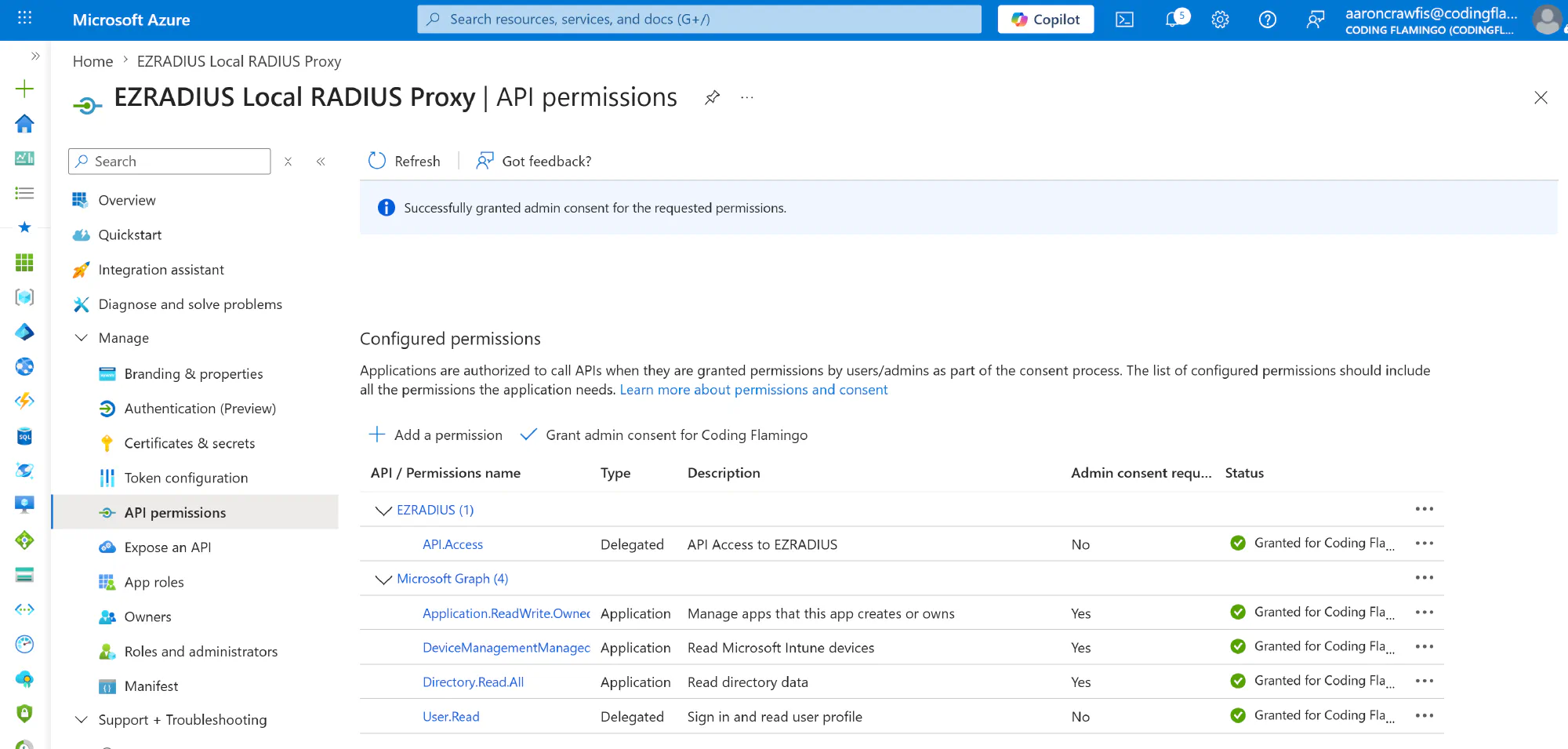 API Permissions for Local RADIUS Proxy Application in Entra ID