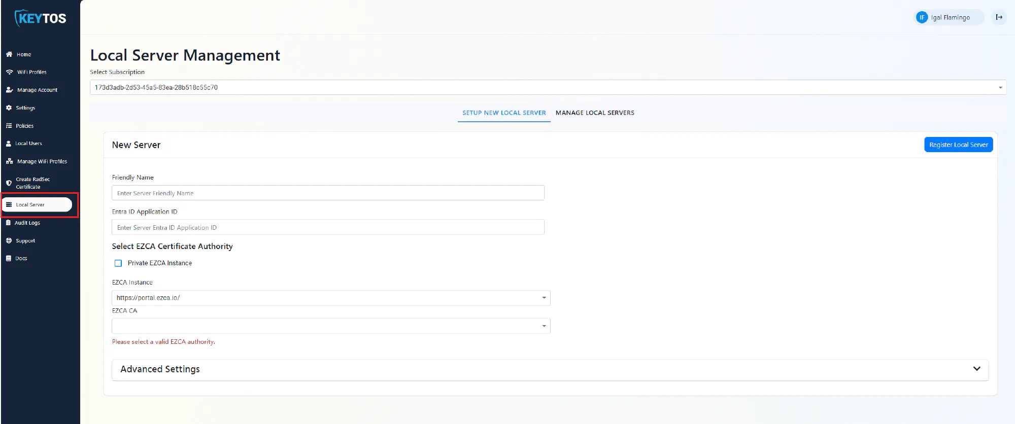 Local Server section in EZRADIUS for Cloud RADIUS