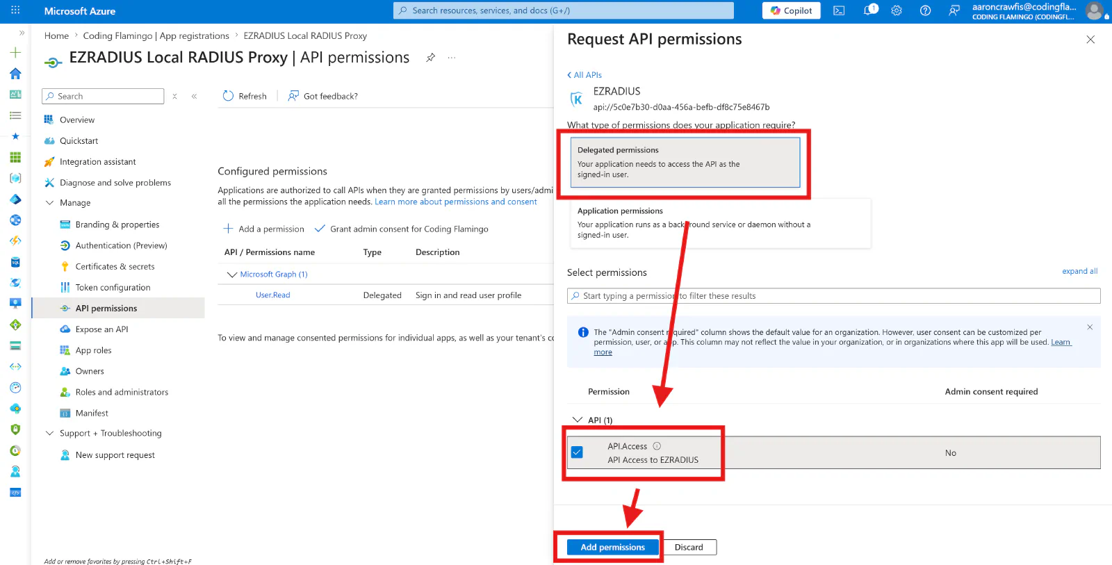 Select API.Access permission for the Local RADIUS Proxy Application in Entra ID