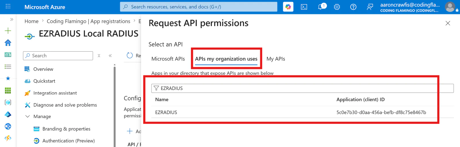 Select the EZRADIUS API for the Local RADIUS Proxy Application in Entra ID