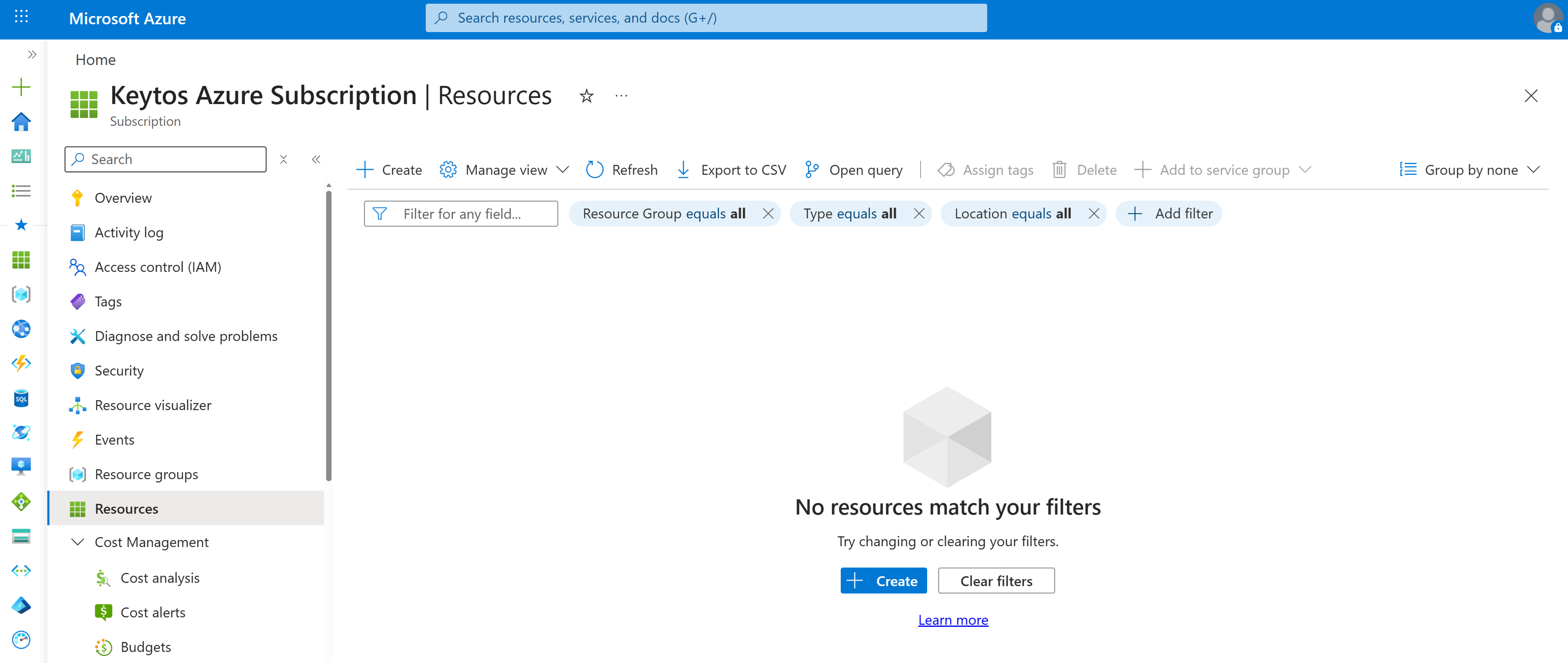 Screenshot of Azure Portal with no resources visible due to least privilege access controls