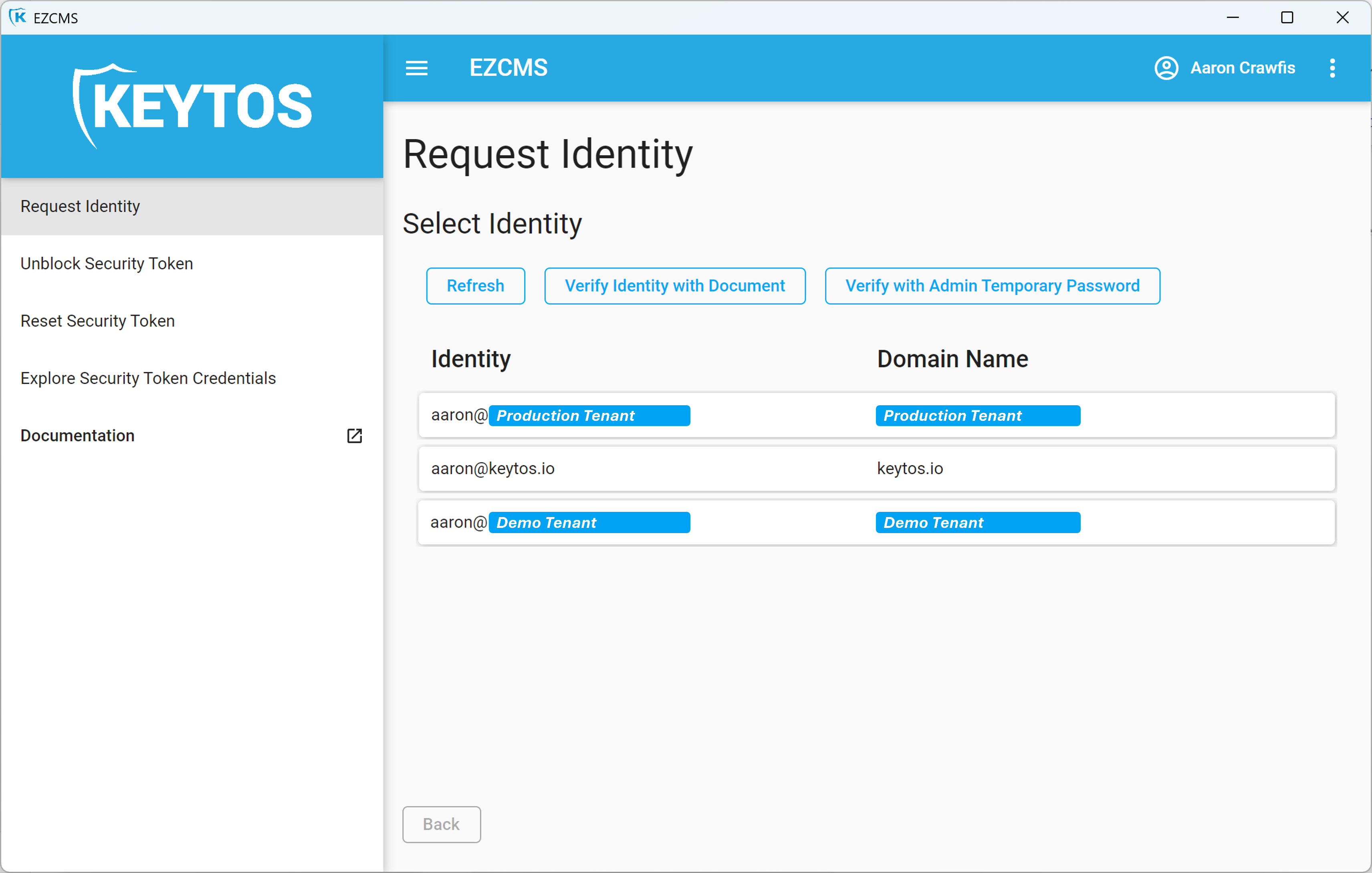 Screenshot of EZCMS with all my identities listed for onboarding