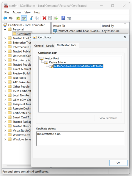 Screenshot of a device SCEP certificate issued by EZCA in Intune
