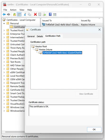 Screenshot of a device SCEP certificate issued by EZCA in Intune