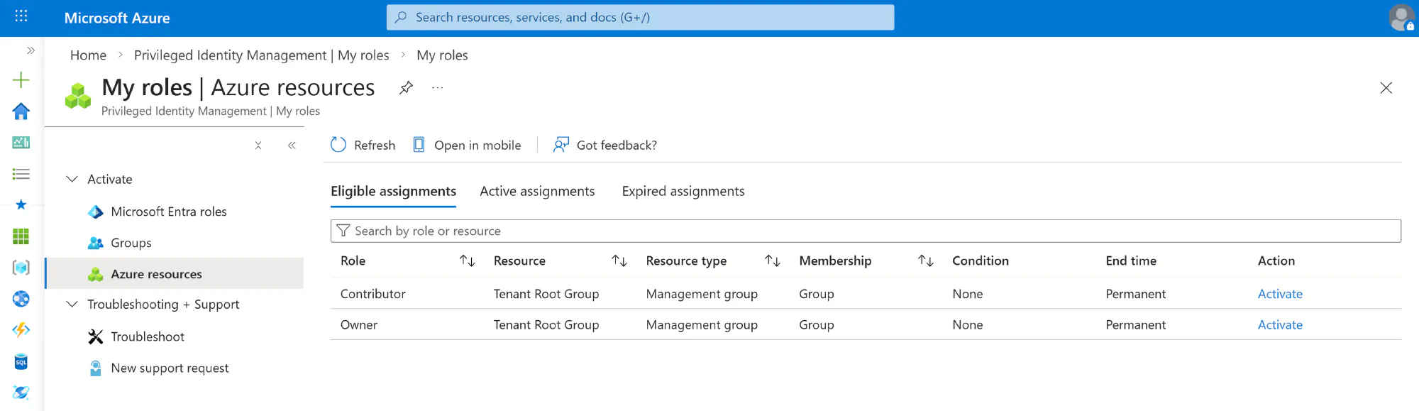 Screenshot of Azure PIM showing eligible assignments for just-in-time access to production resources