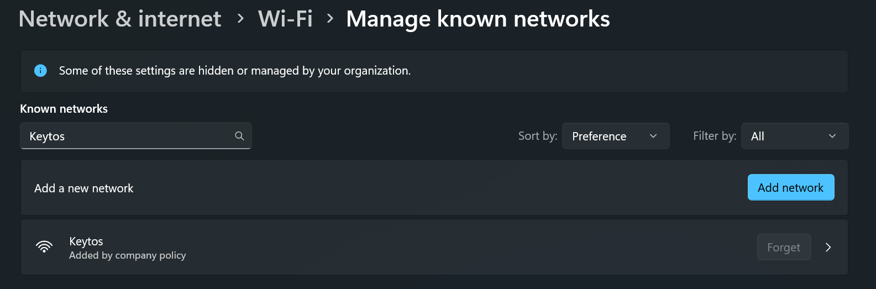 Screenshot of Windows known Wi-Fi networks showing Keytos Wi-Fi with certificate authentication