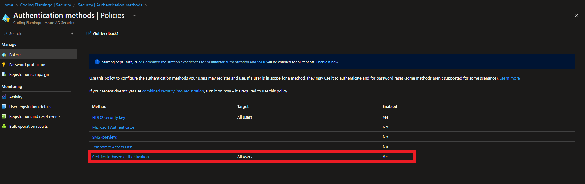 Configuración de CBA de ID de entrada de Azure Portal