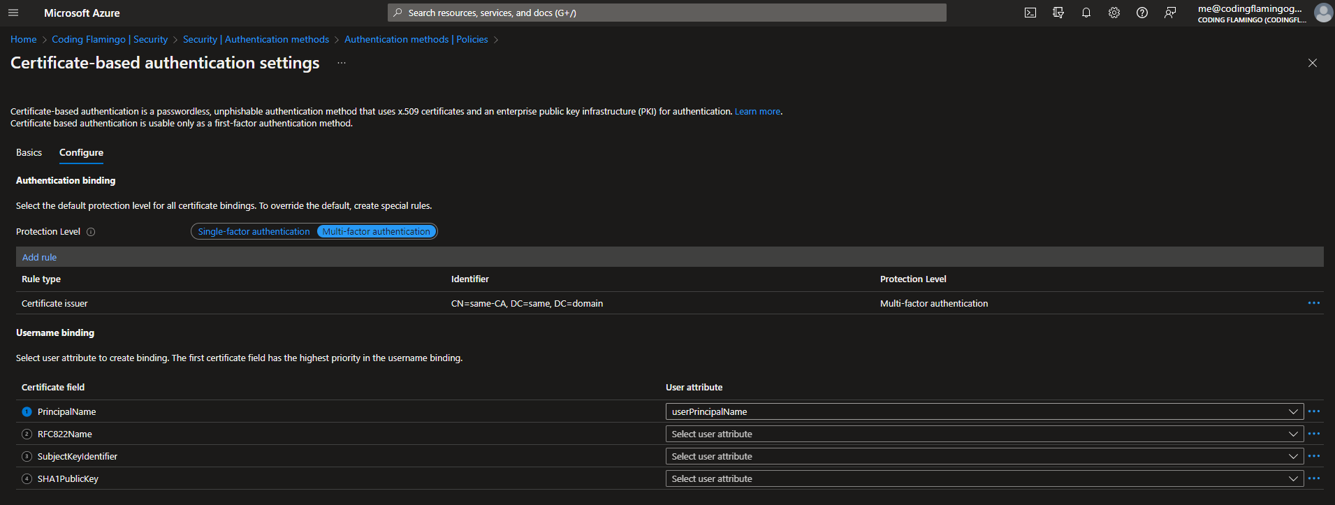 Página de configuración de autenticación basada en certificados de Microsoft Entra CBA