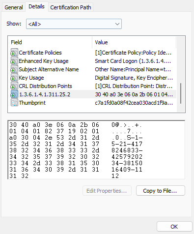 Certificate with SID and 1.3.6.4.1.311.25.2 extension to patch KB5014754