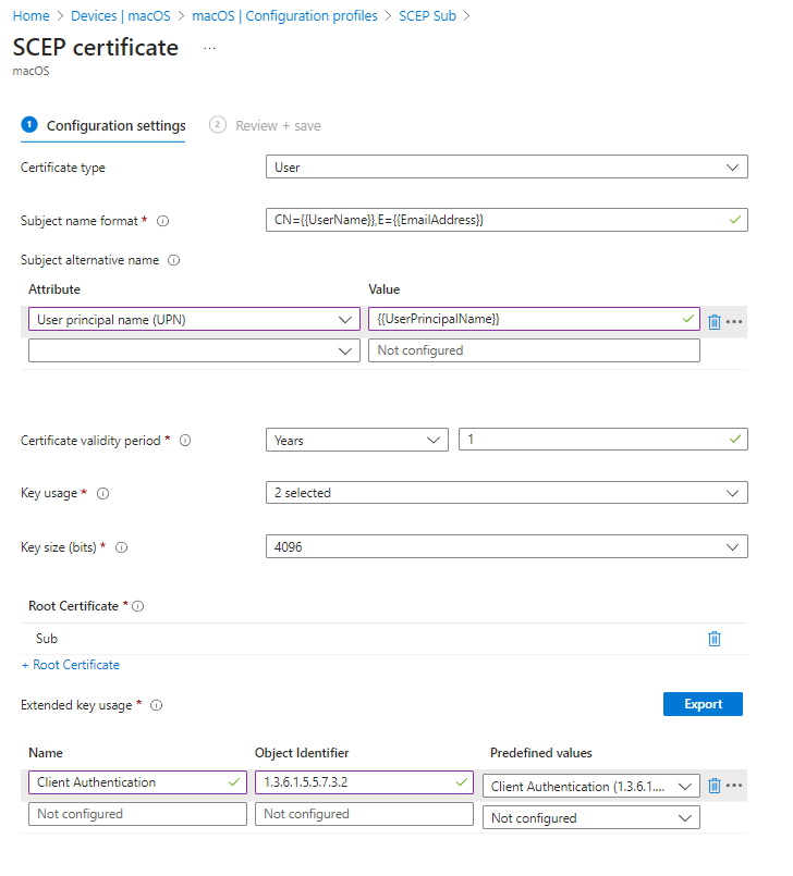 Intune SCEP Mac OS Wifi Profile