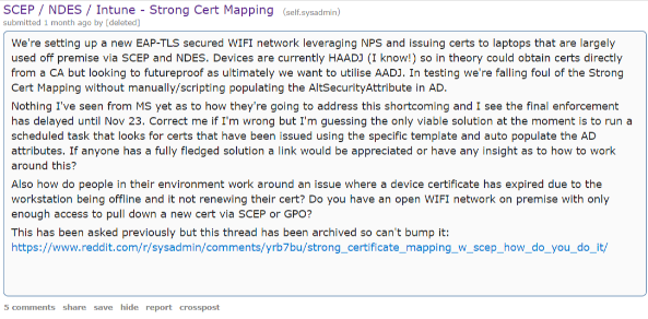Publicación de Reddit "SCEP / NDES / Intune: mapeo de certificados sólido"