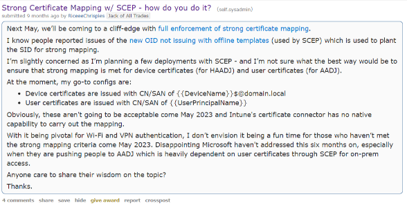 "Strong Certificate Mapping with SCEP - how do you do it?" Reddit post