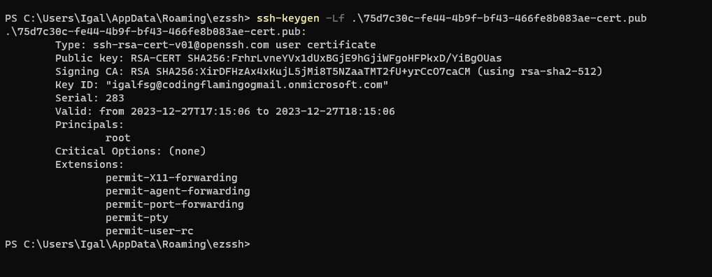 What does the backend of an SSH user certificate look like?