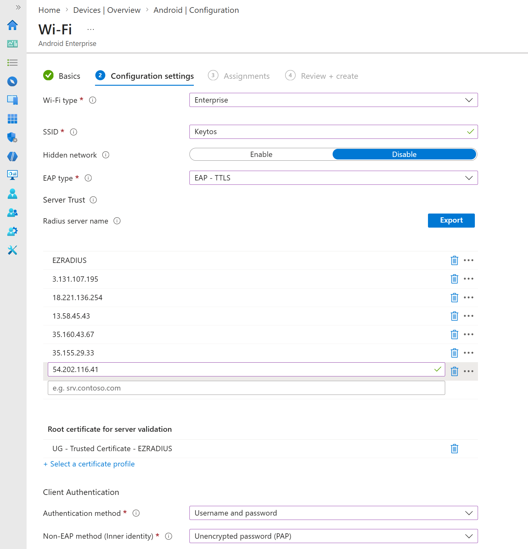 Intune Android Wi-Fi Profile Configuration