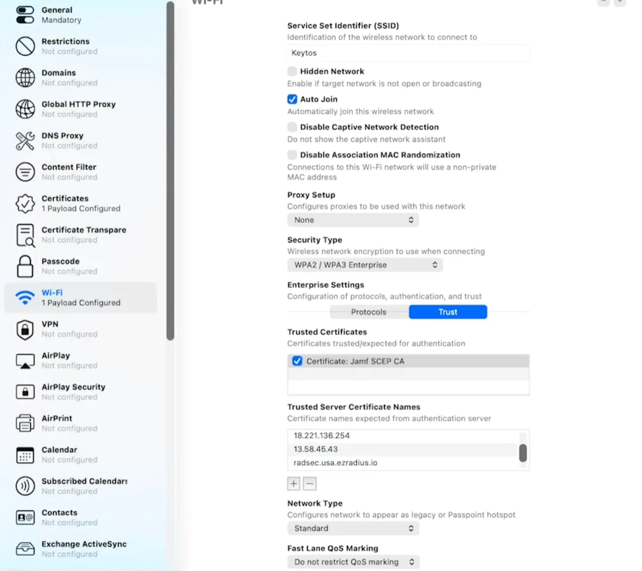 Jamf Now Wi-Fi Profile Configuration in Apple Configurator