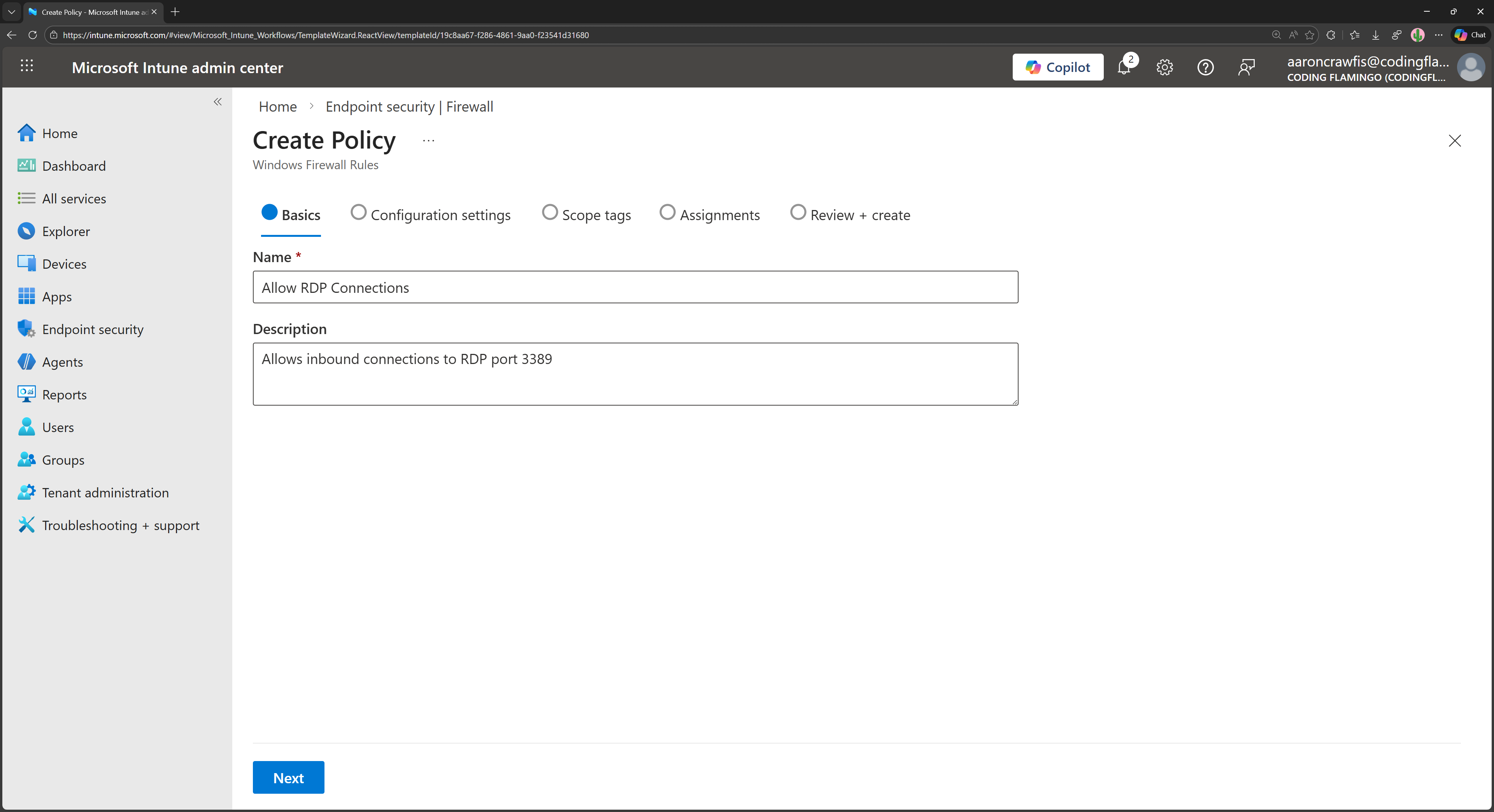Configure the basics of the Intune firewall policy