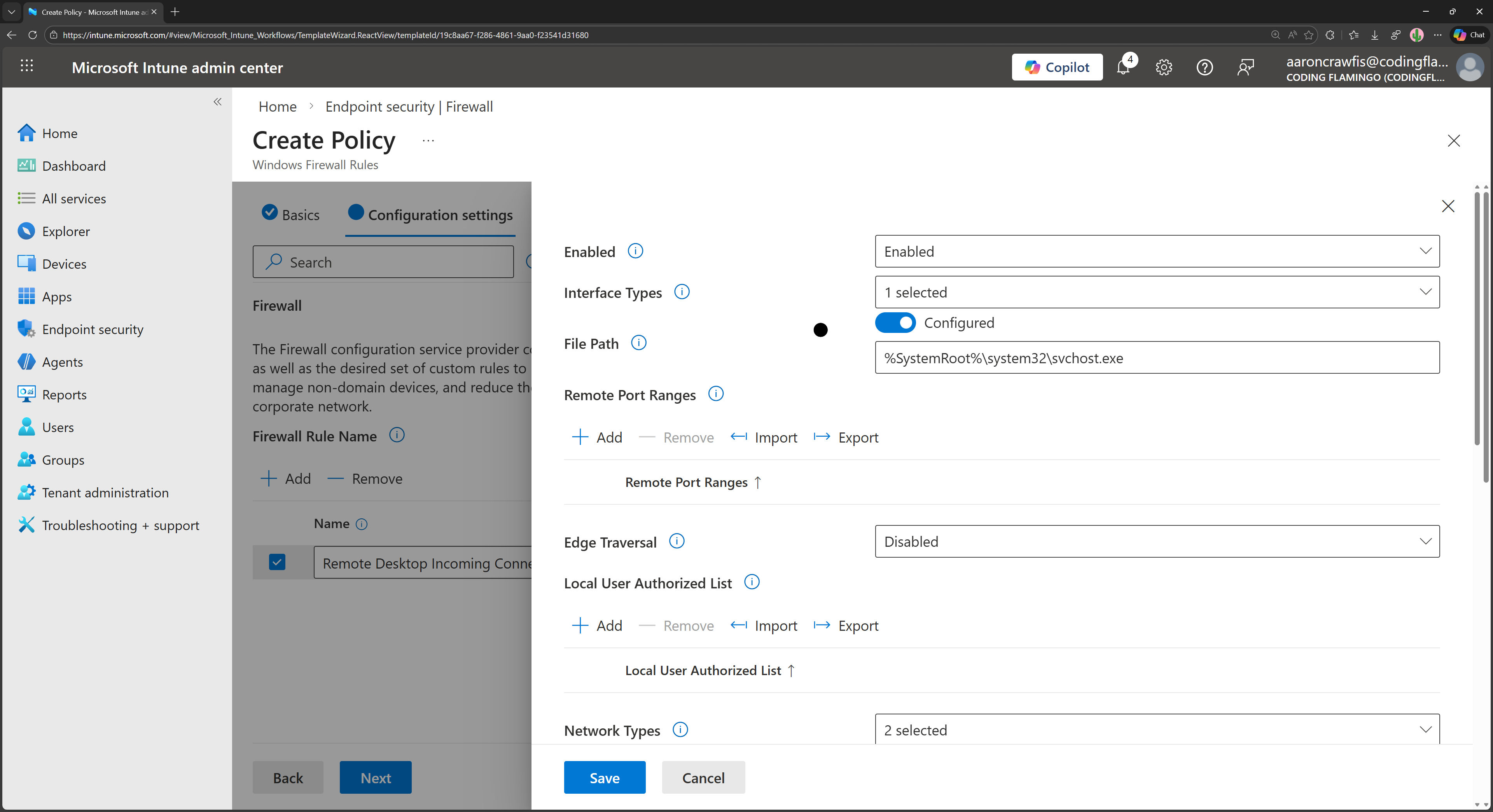 Configure the settings of the Intune firewall policy