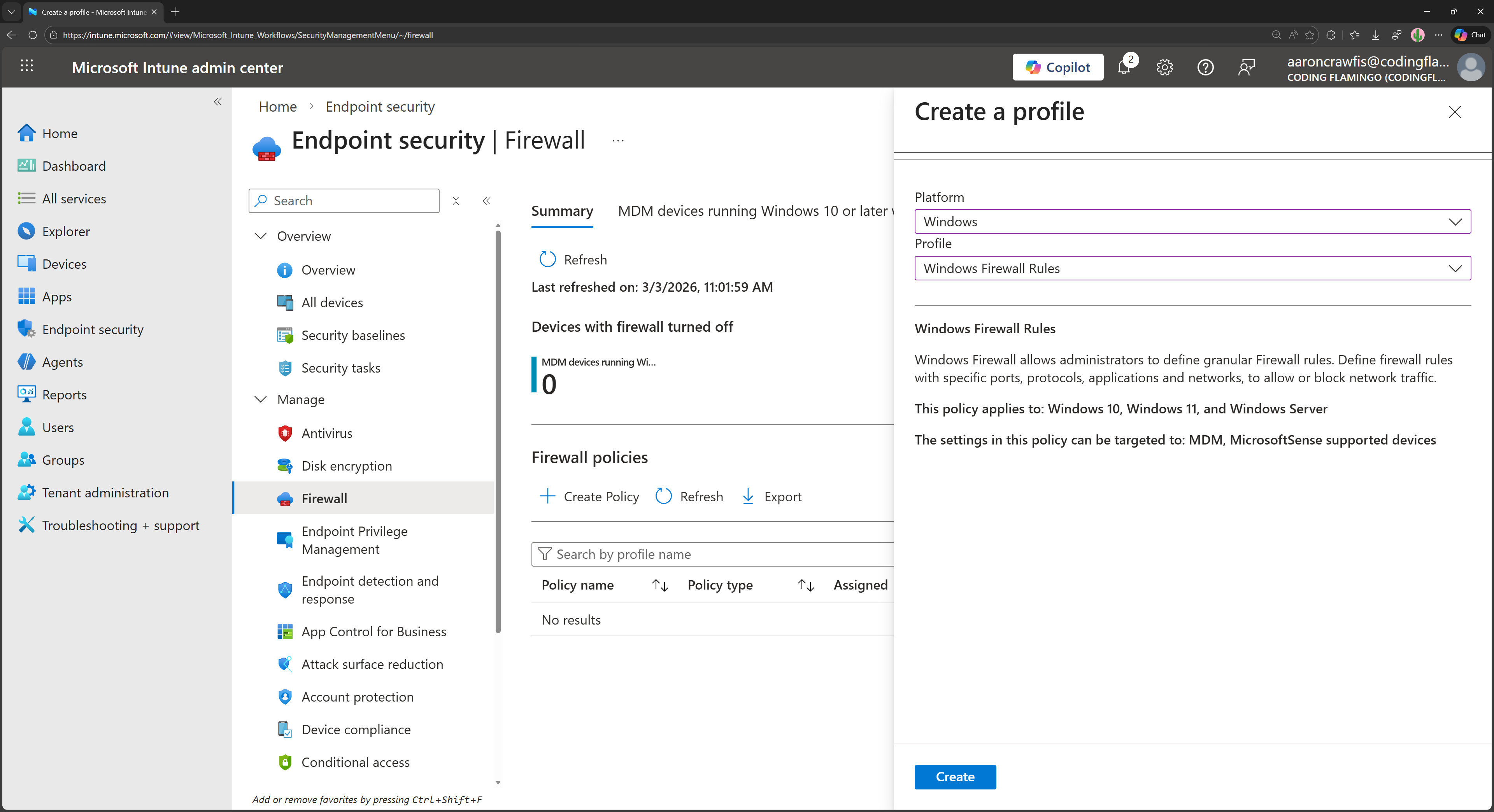 Select firewall policy type in Intune