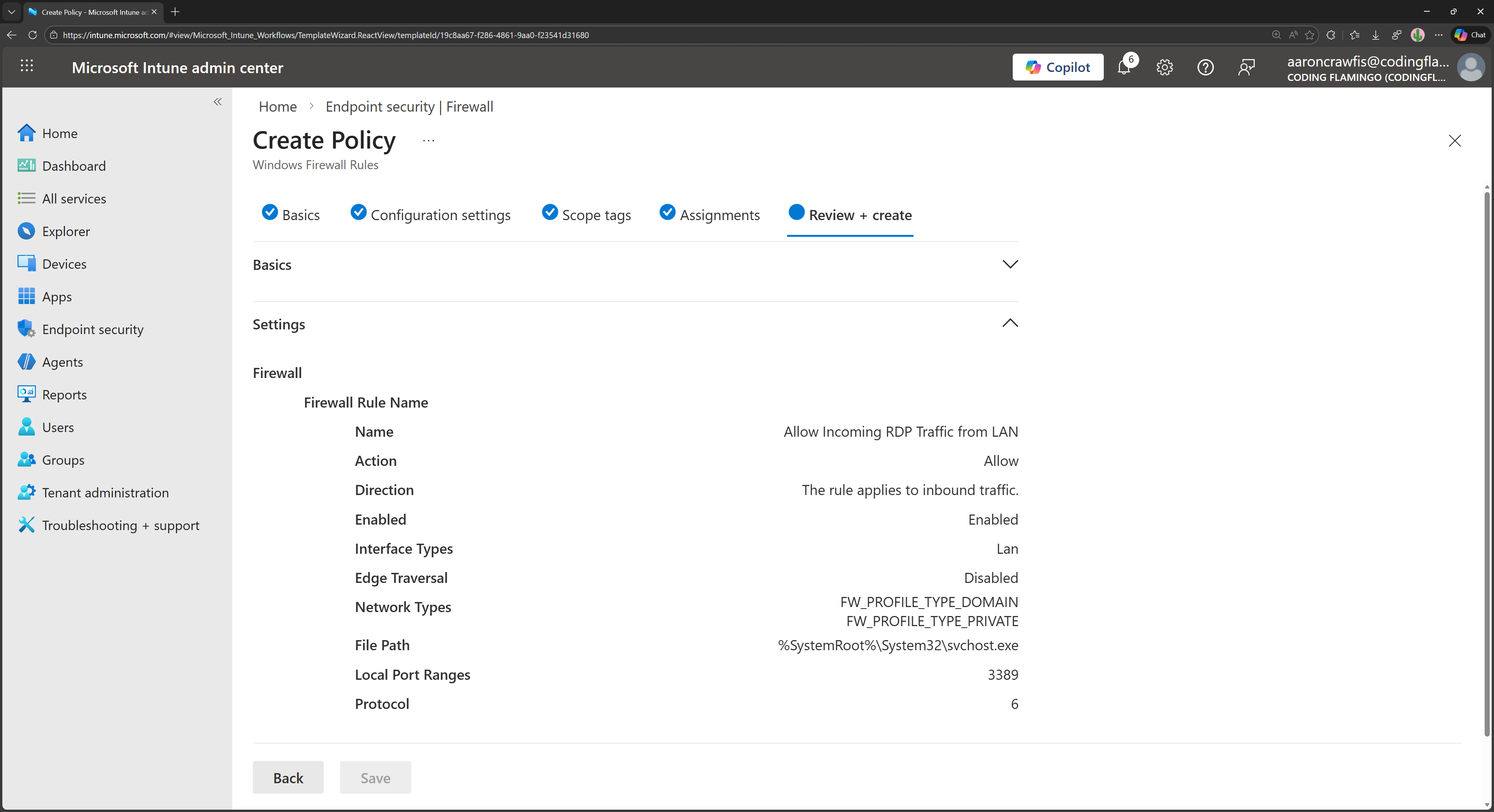 Configure the firewall rule in Intune