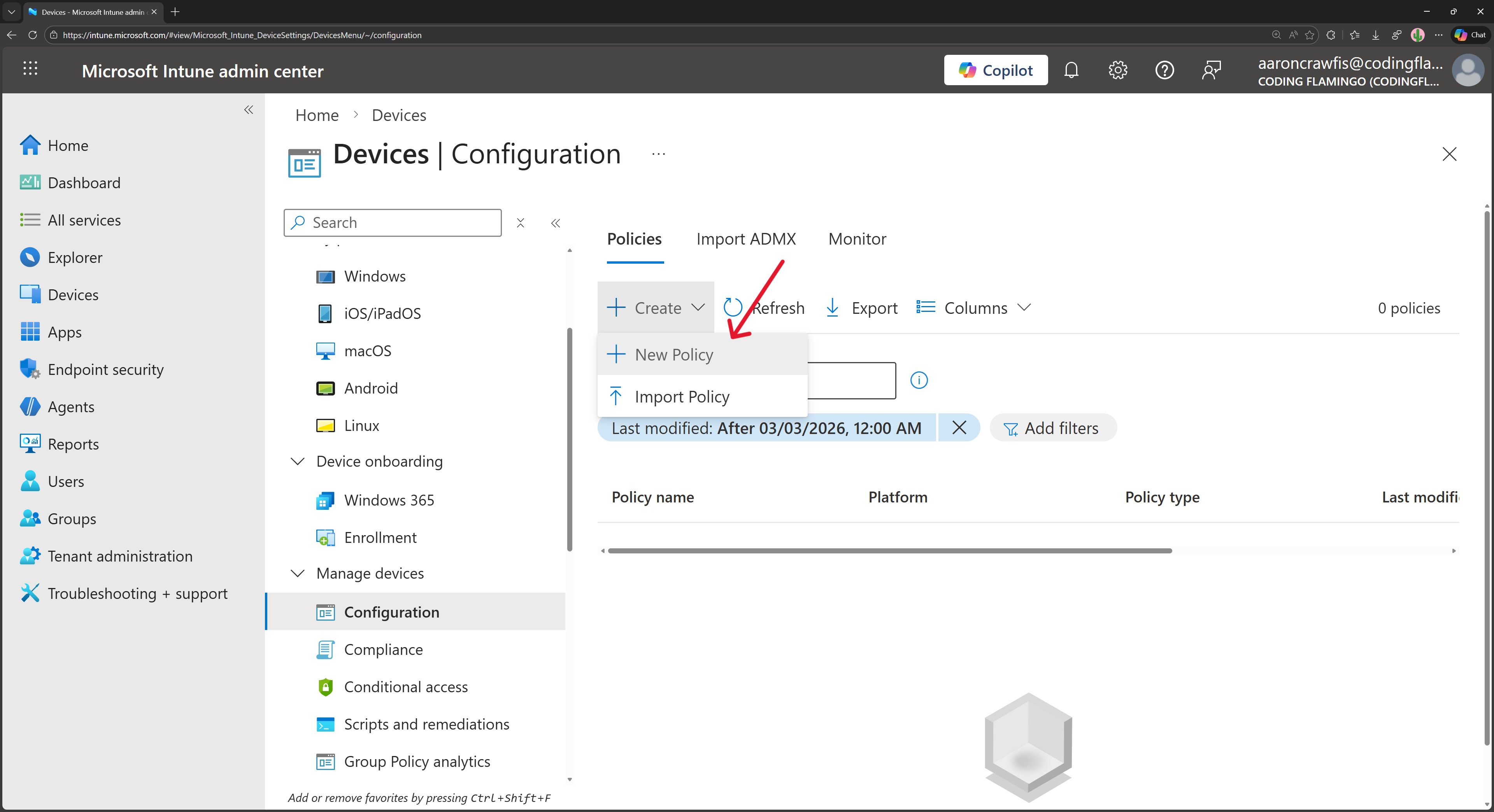 Create a new profile in Intune