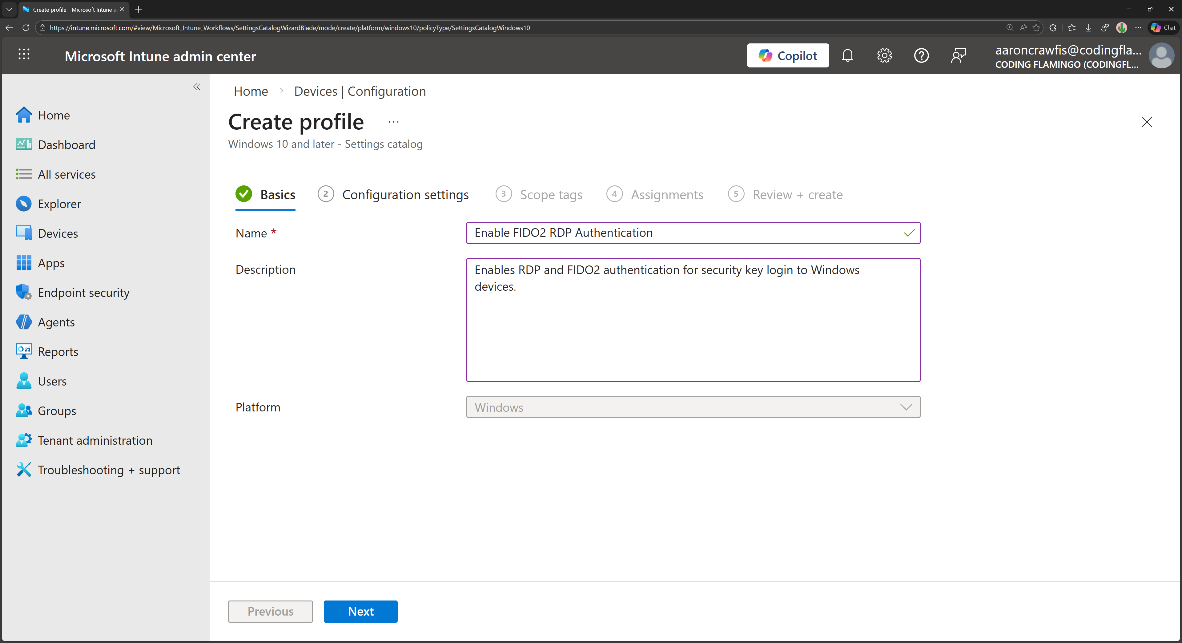 Configure the basics of the Intune profile