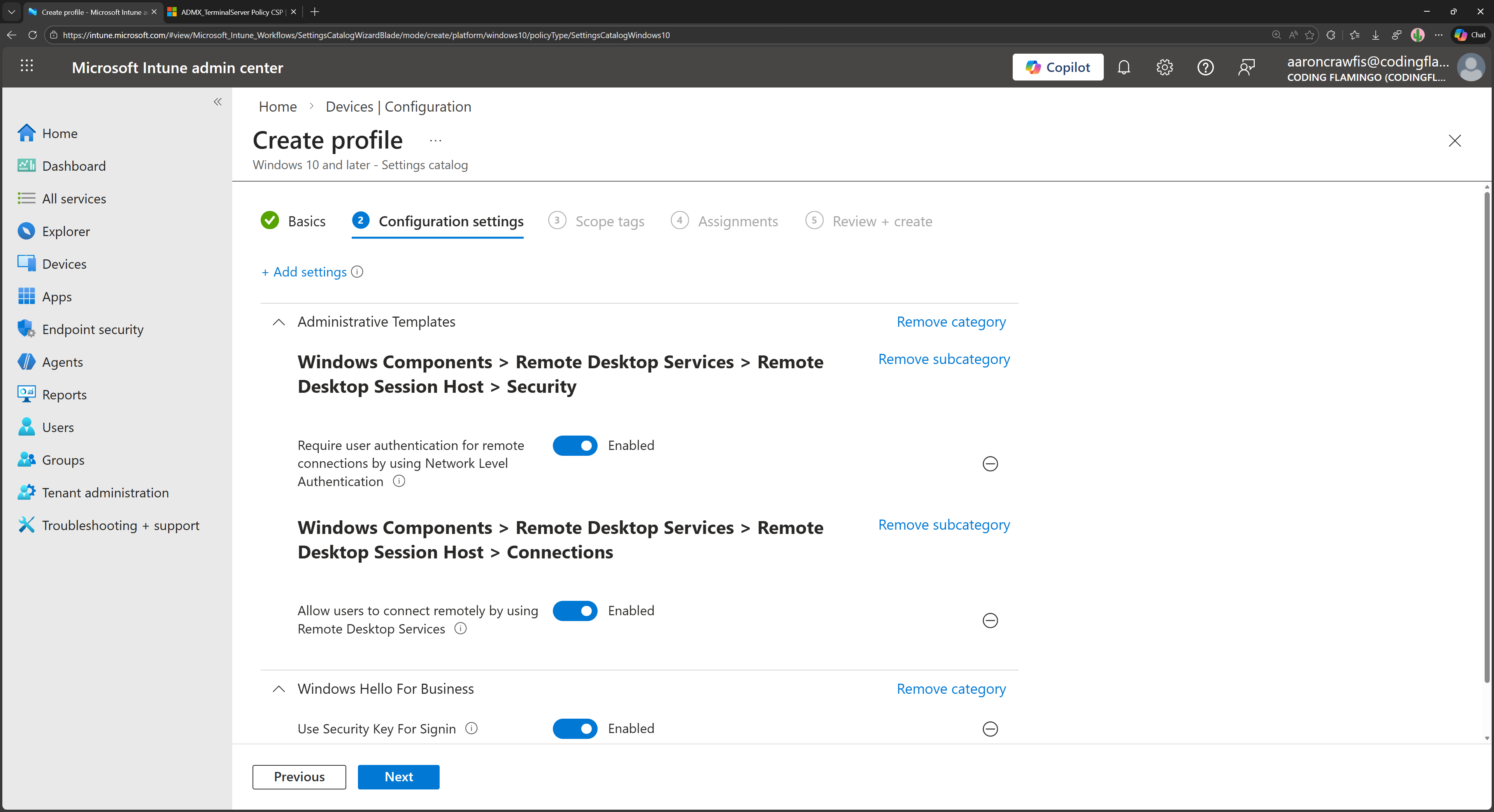 Configure the settings of the Intune profile