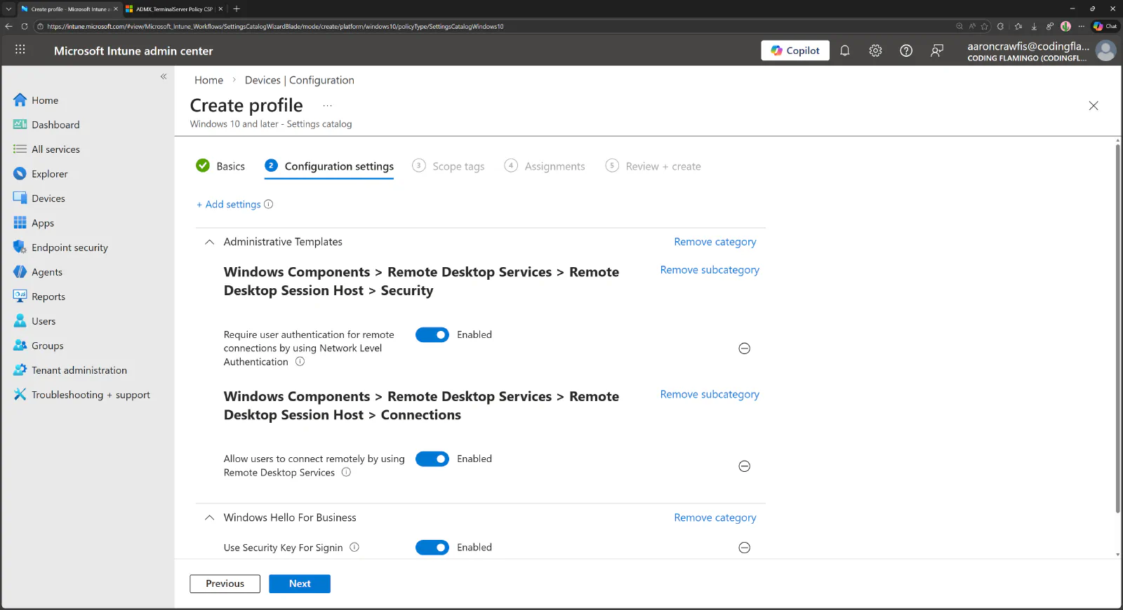 Configure the settings of the Intune profile