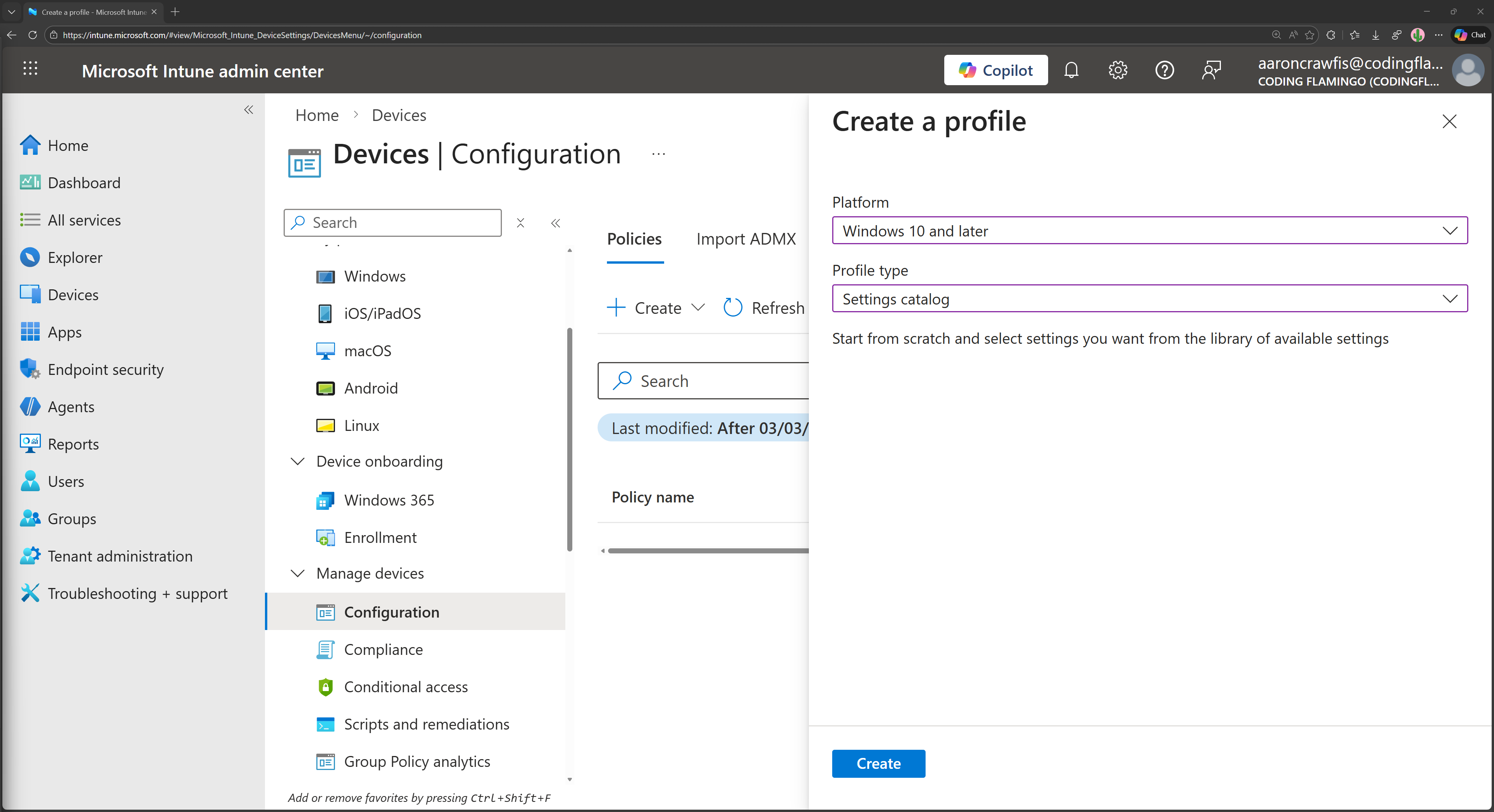Select profile type in Intune