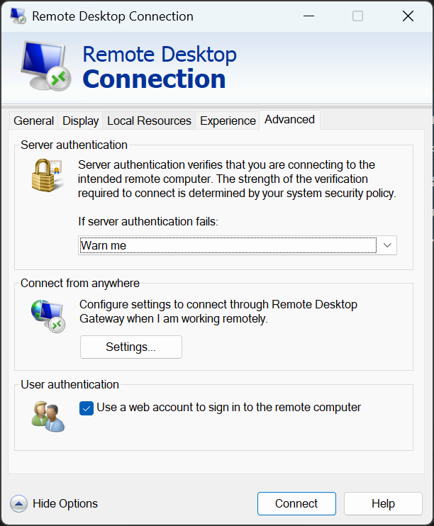 Configure RDP connection options for FIDO2 authentication