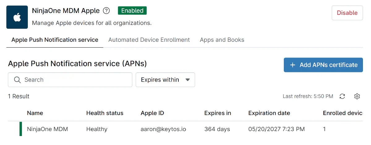 NinjaOne APNs Configuration for MDM