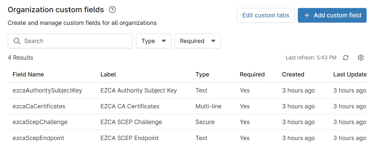 NinjaOne Organization Custom Fields for SCEP Certificate Issuance