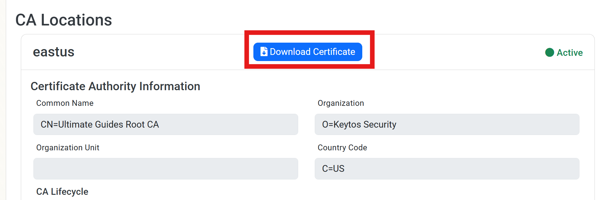 Download Certificate Authority Certificate in EZCA Cloud PKI