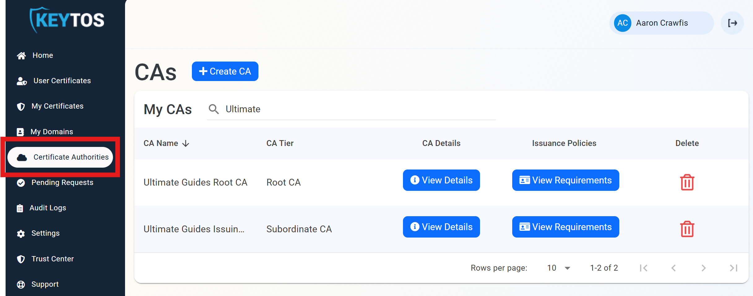 View Certificate Authorities in EZCA Cloud PKI