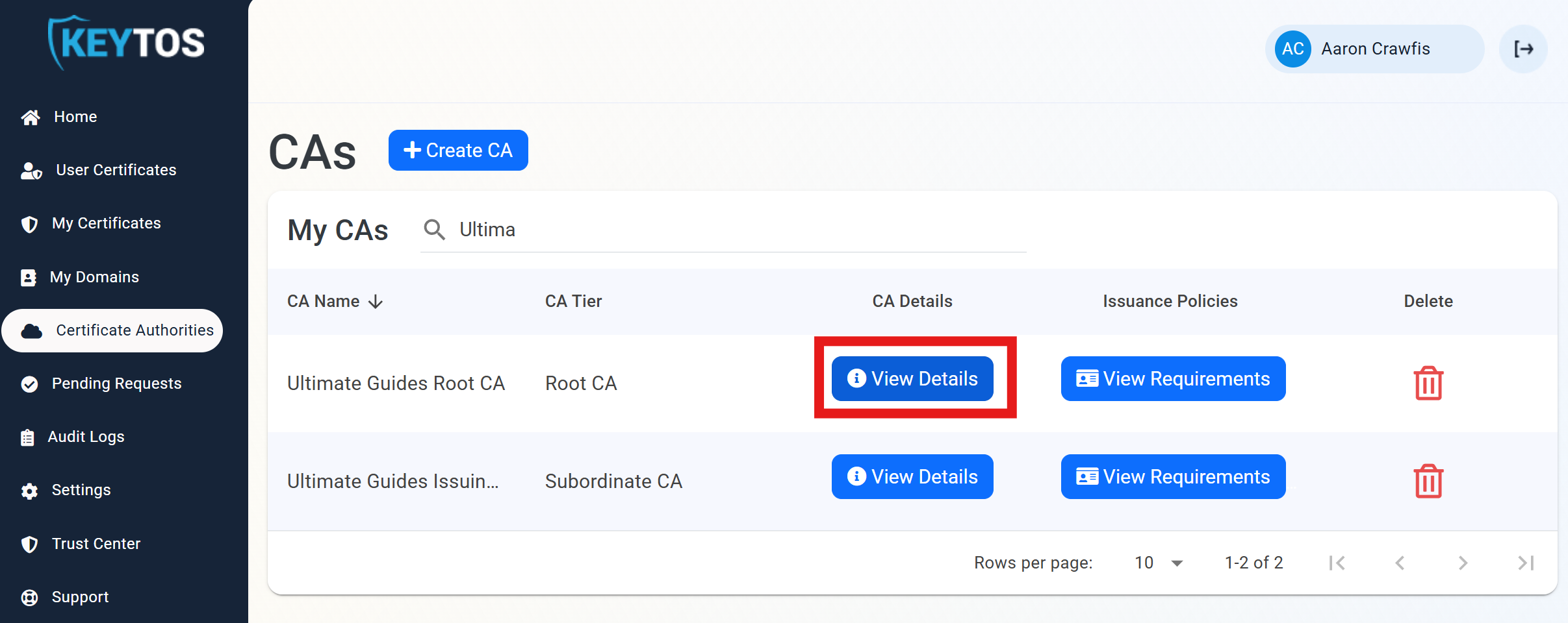 View Certificate Authority Details in EZCA Cloud PKI