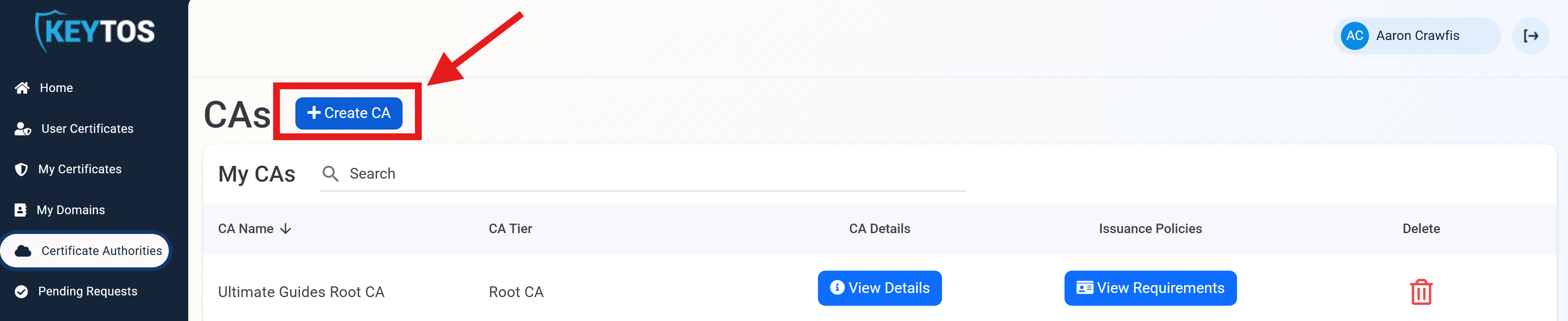 EZCA Cloud PKI portal with the Create CA button highlighted.