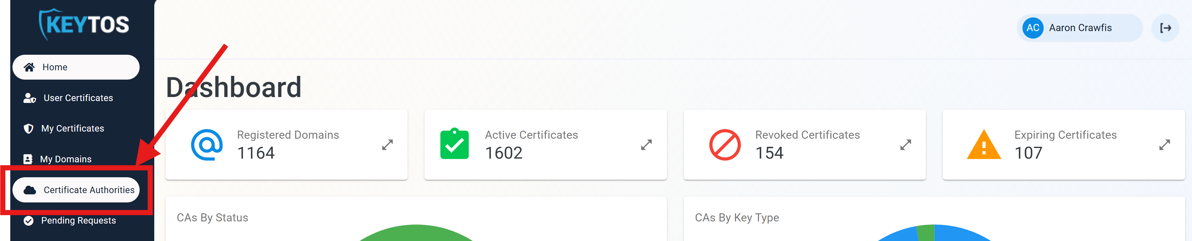 EZCA Cloud PKI portal with the Certificate Authorities menu highlighted.