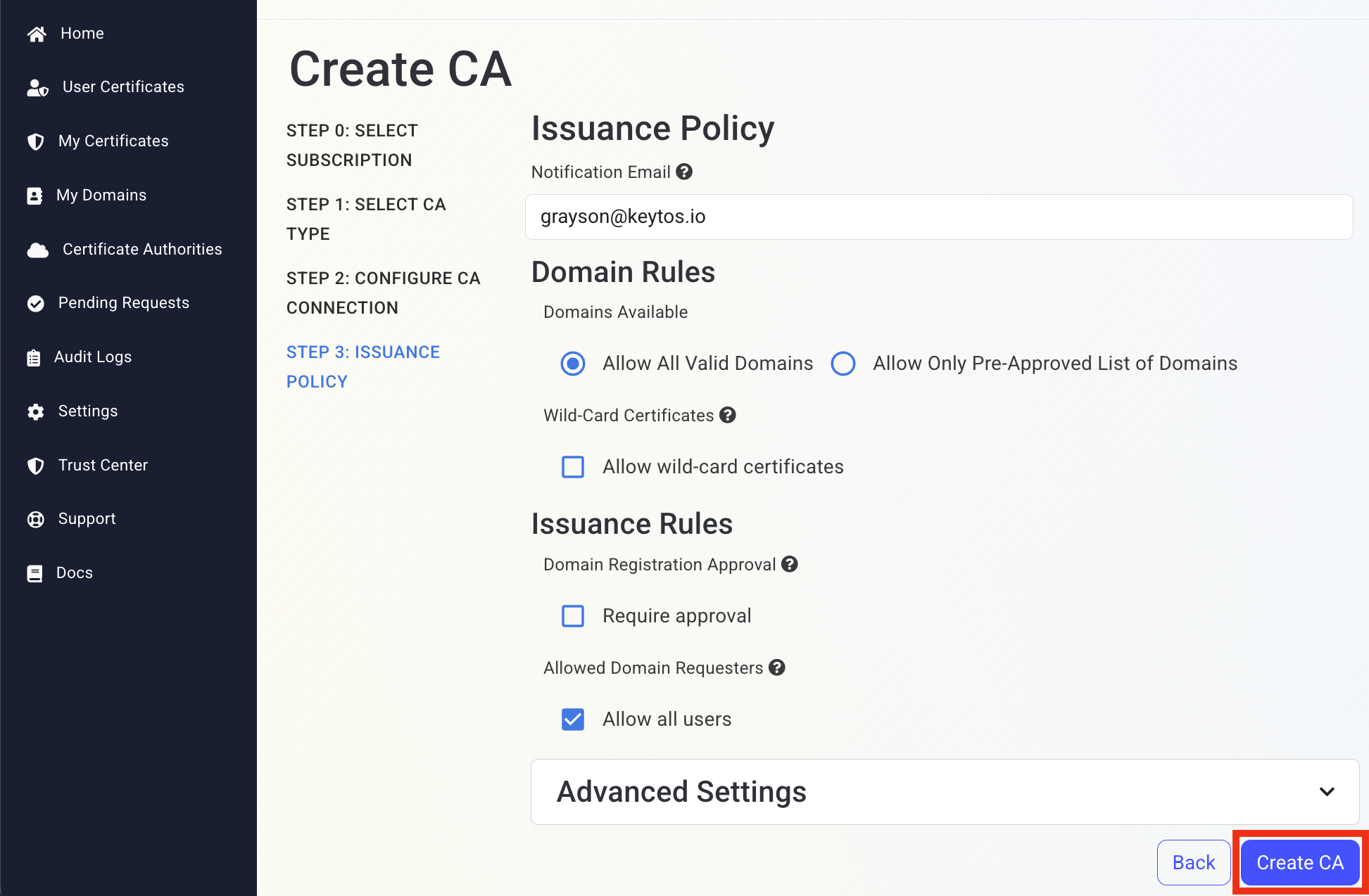 EZCA Cloud PKI Let's Encrypt Configuration