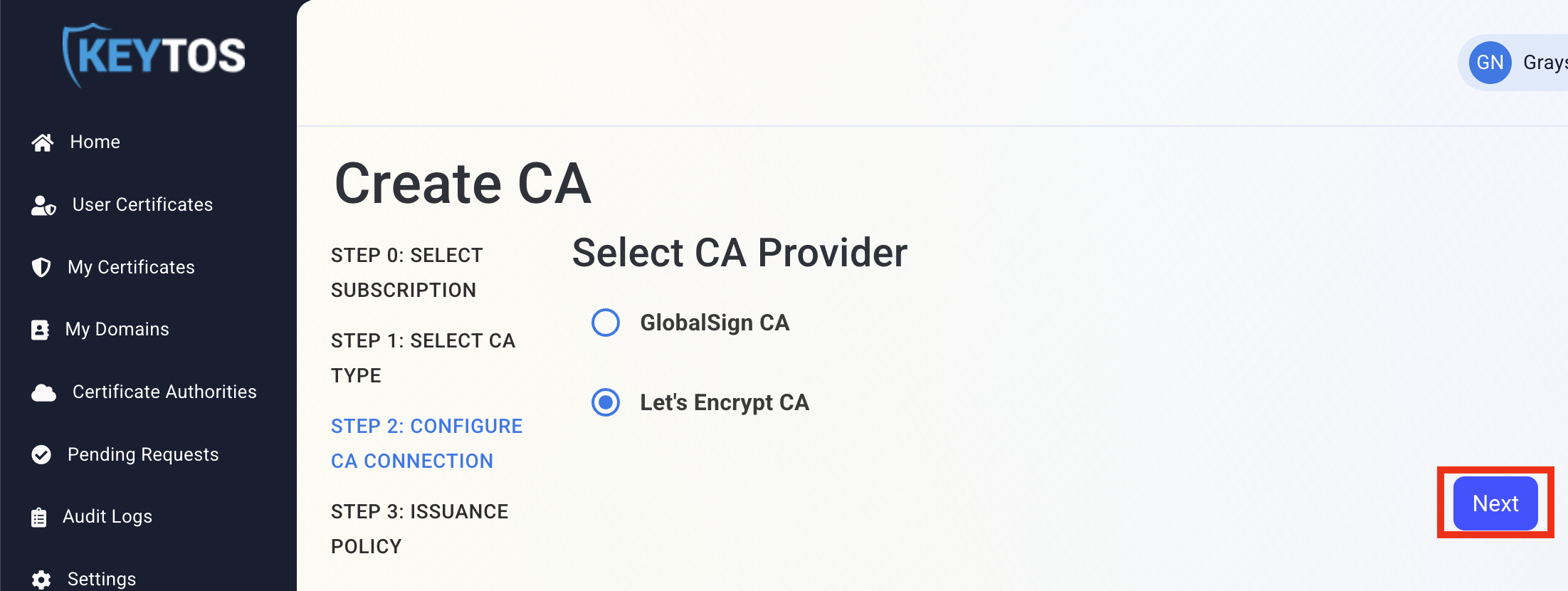 EZCA Cloud PKI Create CA Configure CA connection with Let's Encrypt option highlighted.